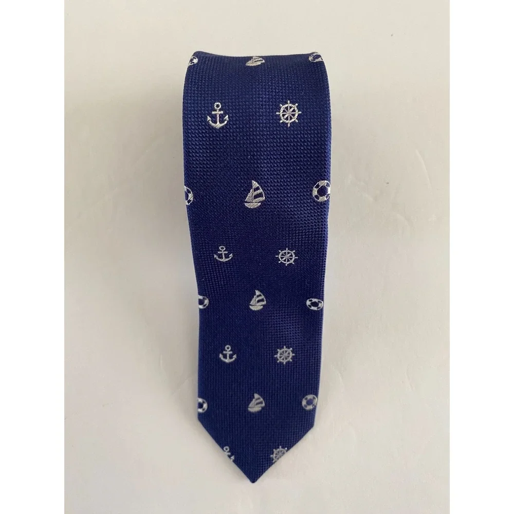 Zara Man Skinny Tie Blue Nautical Anchor Sailboat Wheel Italian Fabric #61